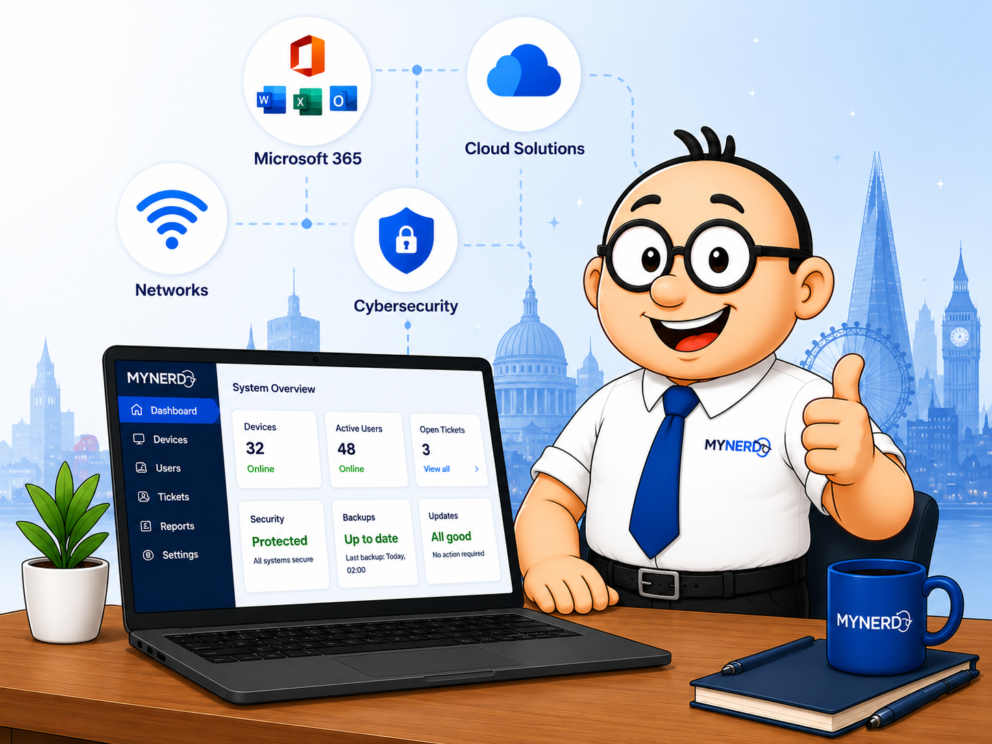 MyNerd IT support mascot with laptop and London skyline
